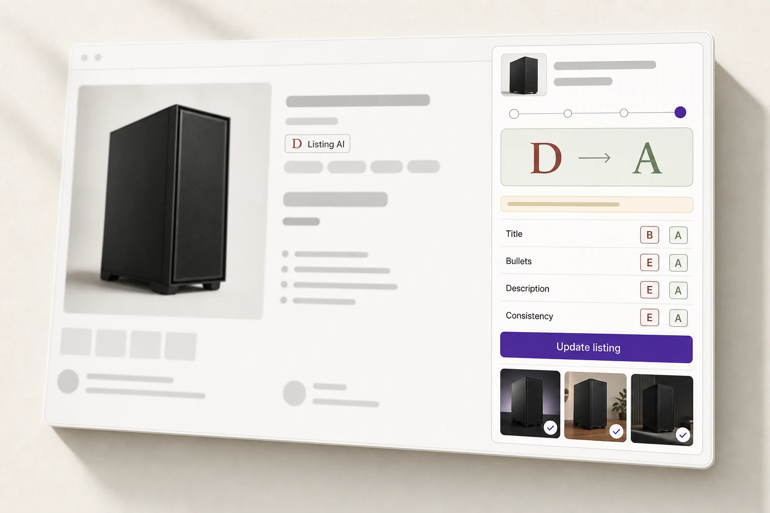 Listing AI extension panel docked on a product page: before/after rewrites of the title, bullets and description, and one Update listing button